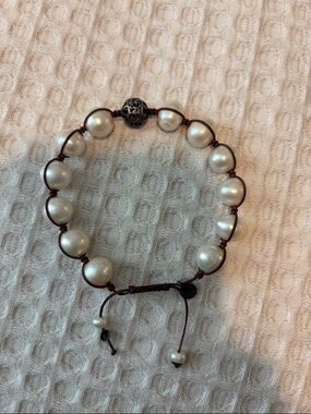 Silpada White Pearl Bead Bracelet on Brown Cord- adjustable